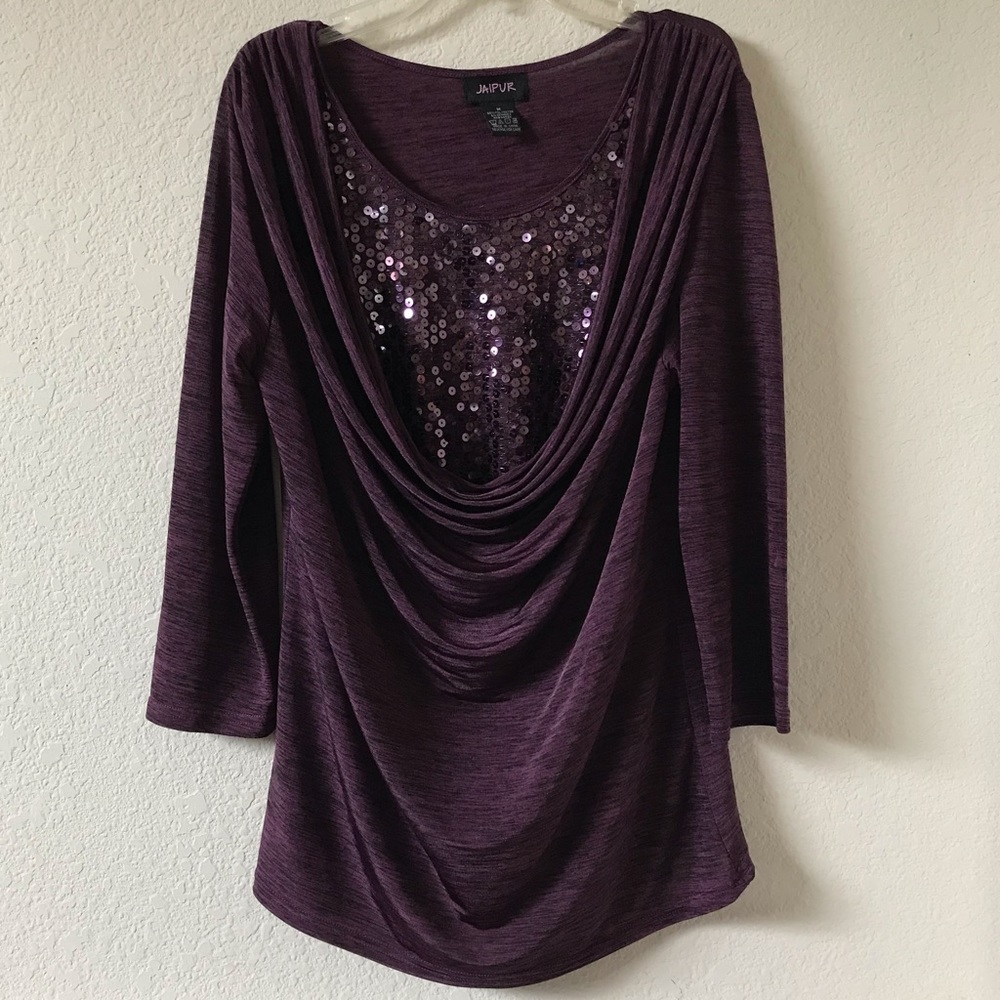 Jaipur Sequined Cowel Neck 3/4 Sleeves Plum Purple Color Blouse Size Medium